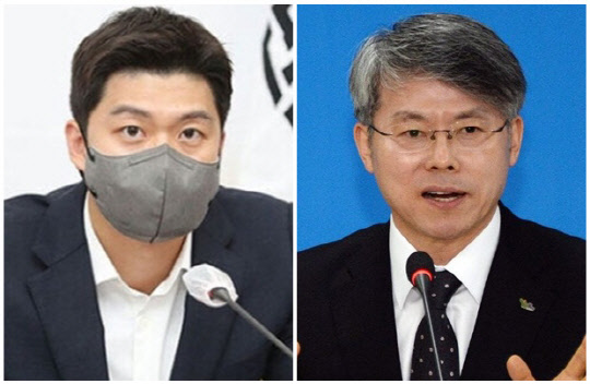 김용태(왼쪽) 국민의힘 청년최고위원과 민형배 무소속 의원. <연합뉴스>